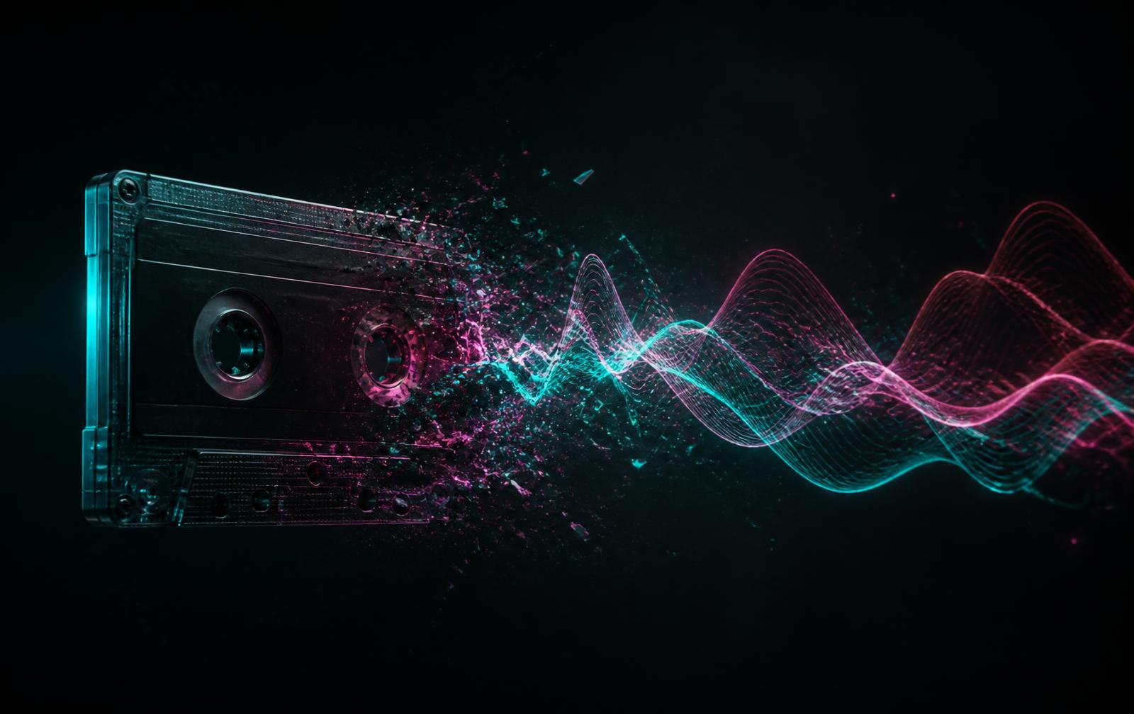 A cassette tape dissolving into glowing teal and magenta waveform lines